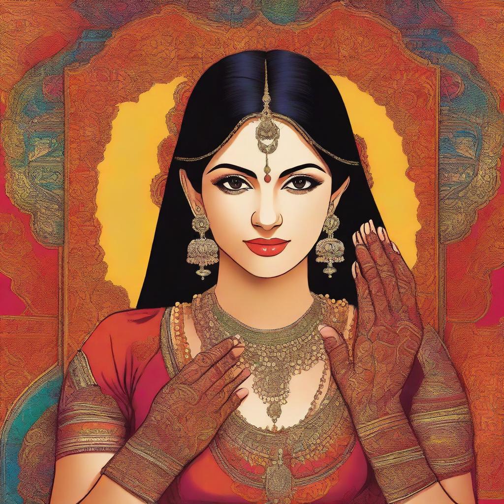 A beautiful and vibrant depiction of Indian culture, featuring traditional clothing, intricate henna designs, and a colorful backdrop