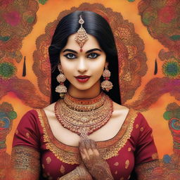 A beautiful and vibrant depiction of Indian culture, featuring traditional clothing, intricate henna designs, and a colorful backdrop