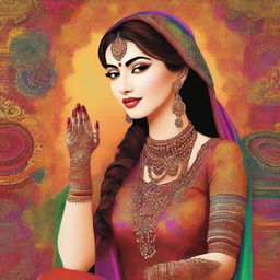 A beautiful and vibrant depiction of Indian culture, featuring traditional clothing, intricate henna designs, and a colorful backdrop