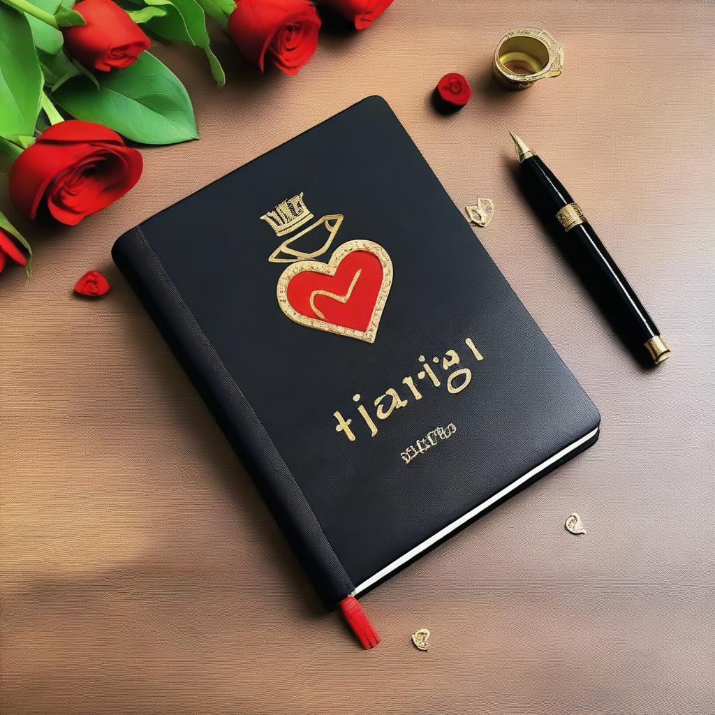 A black diary with a red heart shape on the cover and a couple of lovely fountain pens on the side
