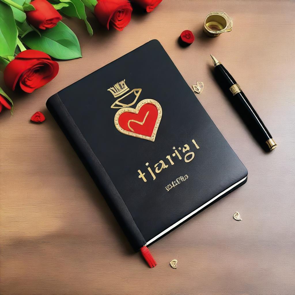 A black diary with a red heart shape on the cover and a couple of lovely fountain pens on the side