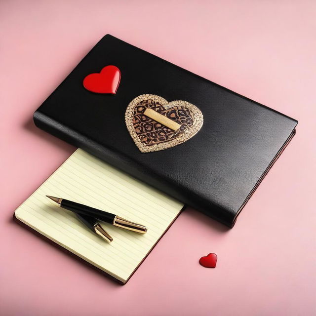 A black diary with a red heart shape on the cover and a couple of lovely fountain pens on the side