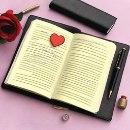 A black diary with a red heart shape on the cover and a couple of lovely fountain pens on the side