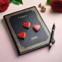 A black diary with a red heart shape on the cover and a couple of lovely fountain pens on the side