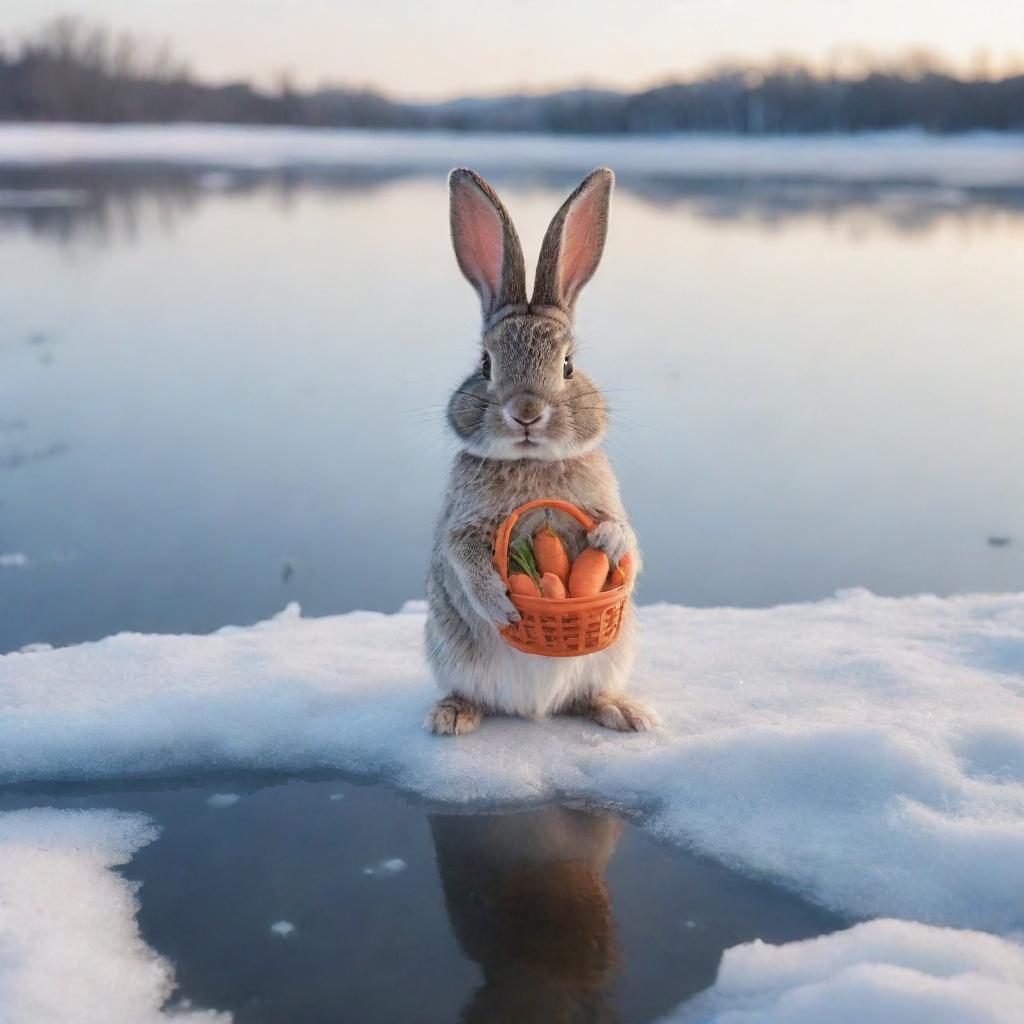 A cartoon bunny looking panicked with its basket full of carrots, standing at the edge of an icy, frozen lake. The atmosphere is winter-like with white snow covering the ground around.