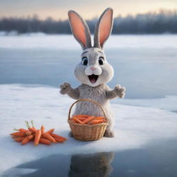 A cartoon bunny looking panicked with its basket full of carrots, standing at the edge of an icy, frozen lake. The atmosphere is winter-like with white snow covering the ground around.