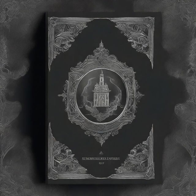 A book cover featuring a supernatural school, rendered in shades of black and gray