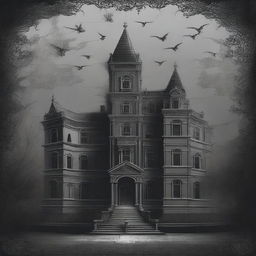 A wallpaper featuring a supernatural school, rendered in shades of black and gray