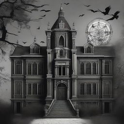 A wallpaper featuring a supernatural school, rendered in shades of black and gray