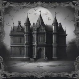 A wallpaper featuring a supernatural school, rendered in shades of black and gray