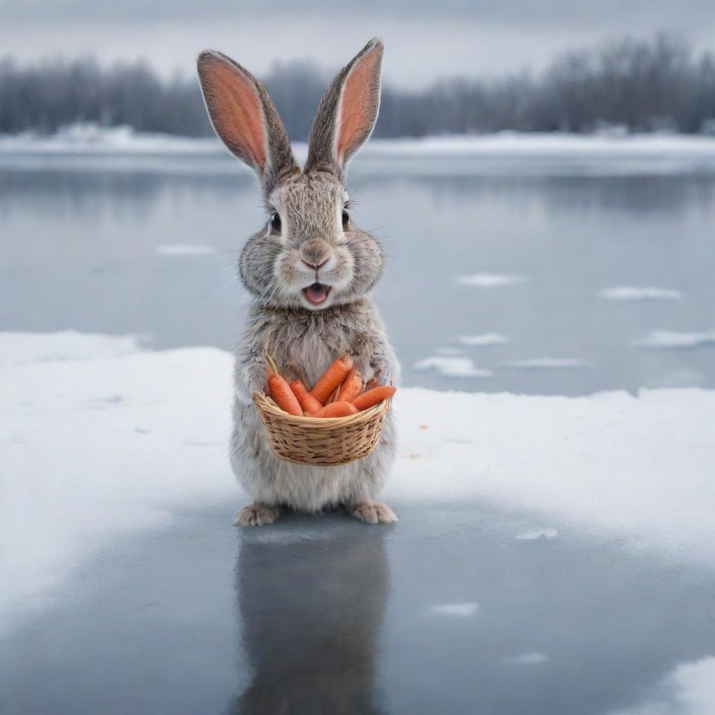 A cartoon bunny looking panicked with its basket full of carrots, standing at the edge of an icy, frozen lake. The atmosphere is winter-like with white snow covering the ground around.