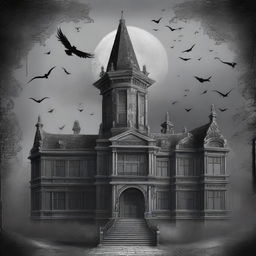 A wallpaper featuring a supernatural school, rendered in shades of black and gray