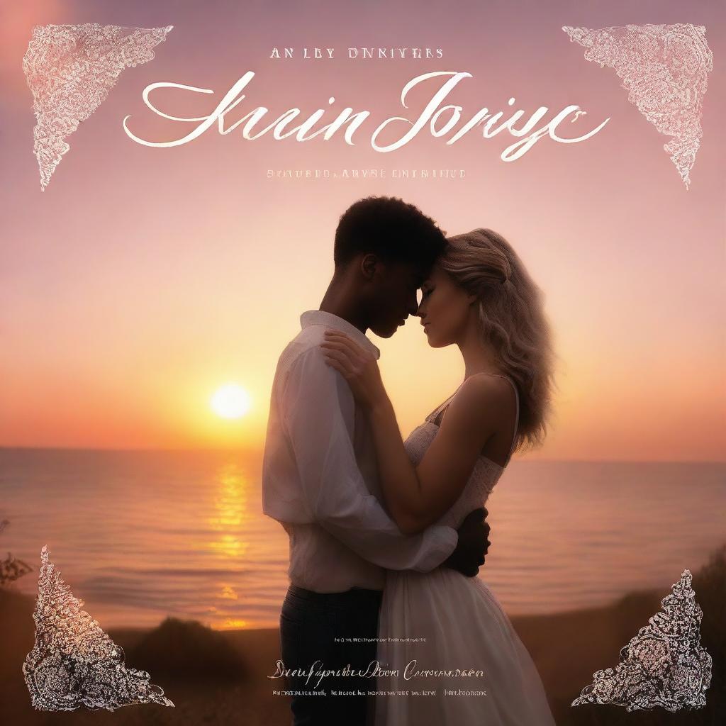 A romantic book cover featuring a couple in an embrace, with a beautiful sunset in the background and elegant typography for the title