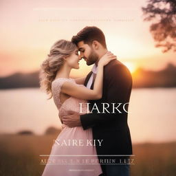 A romantic book cover featuring a couple in an embrace, with a beautiful sunset in the background and elegant typography for the title