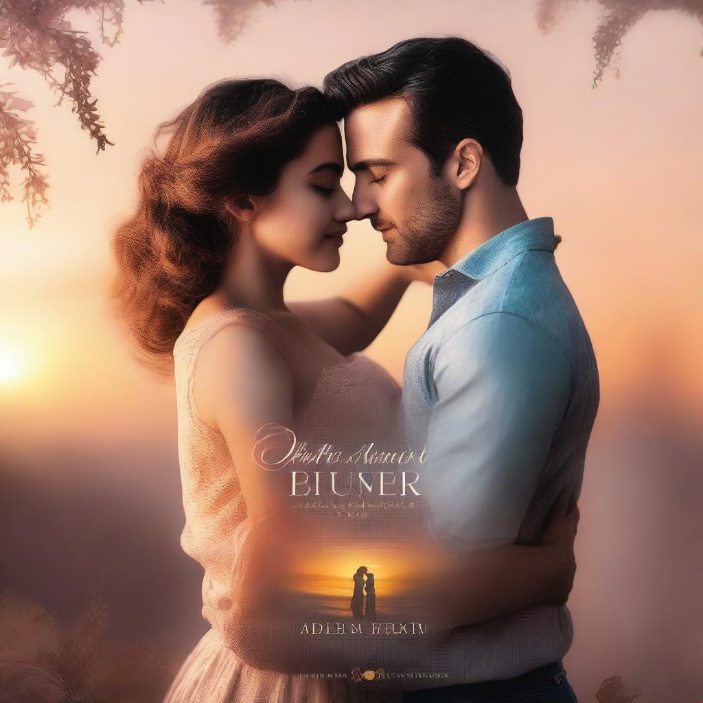 A romantic book cover featuring a couple in an embrace, with a beautiful sunset in the background and elegant typography for the title