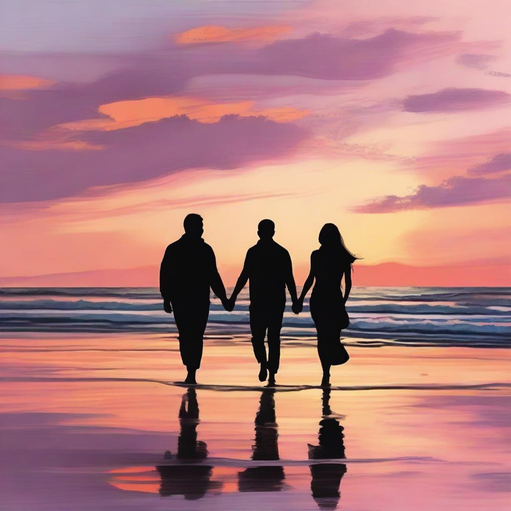 A romantic scene featuring a couple walking hand-in-hand along a beach during sunset