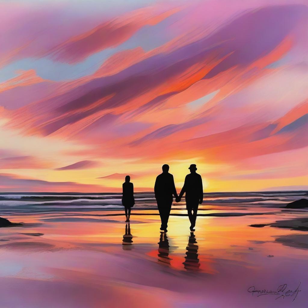 A romantic scene featuring a couple walking hand-in-hand along a beach during sunset