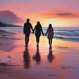 A romantic scene featuring a couple walking hand-in-hand along a beach during sunset