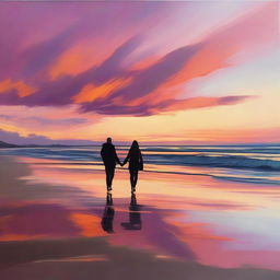 A romantic scene featuring a couple walking hand-in-hand along a beach during sunset