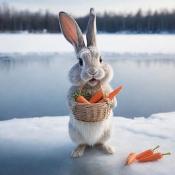 A cartoon bunny looking panicked with its basket full of carrots, standing at the edge of an icy, frozen lake. The atmosphere is winter-like with white snow covering the ground around.