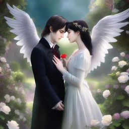 An image depicting a vampire girl and an angel boy meeting in a garden