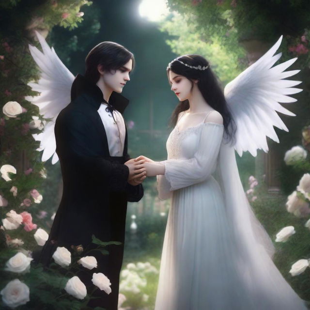 An image depicting a vampire girl and an angel boy meeting in a garden