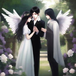 An image depicting a vampire girl and an angel boy meeting in a garden