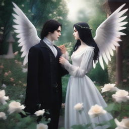 An image depicting a vampire girl and an angel boy meeting in a garden