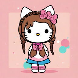 A cute Hello Kitty character with brown braids, wearing a stylish outfit