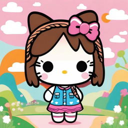 A cute Hello Kitty character with brown braids, wearing a stylish outfit