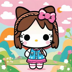 A cute Hello Kitty character with brown braids, wearing a stylish outfit