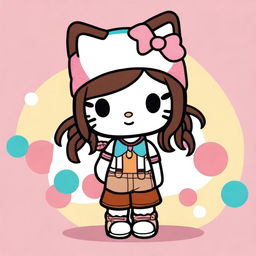 A cute Hello Kitty character with brown braids, wearing a stylish outfit