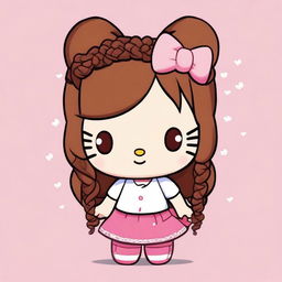 A cute Hello Kitty character with brown hair styled in braids