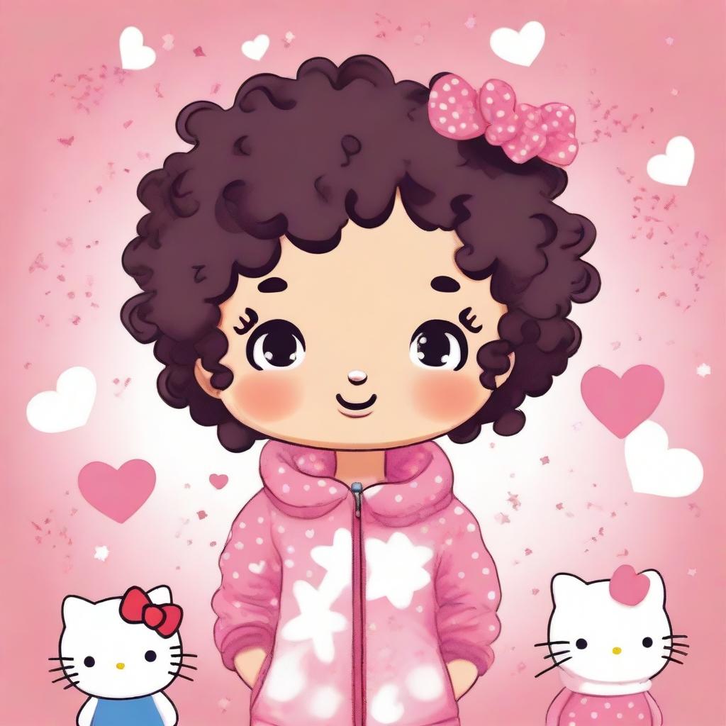 A cute boy with curly hair dressed in a Hello Kitty themed outfit