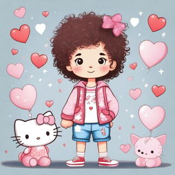 A cute boy with curly hair dressed in a Hello Kitty themed outfit