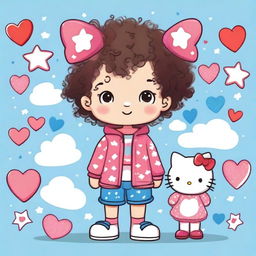 A cute boy with curly hair dressed in a Hello Kitty themed outfit