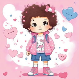 A cute boy with curly hair dressed in a Hello Kitty themed outfit