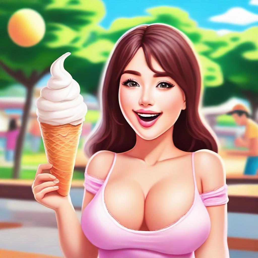 Create an attractive girl with large breasts and a big butt eating ice cream