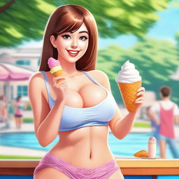 Create an attractive girl with large breasts and a big butt eating ice cream