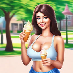 Create an attractive girl with large breasts and a big butt eating ice cream