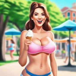 Create an attractive girl with large breasts and a big butt eating ice cream