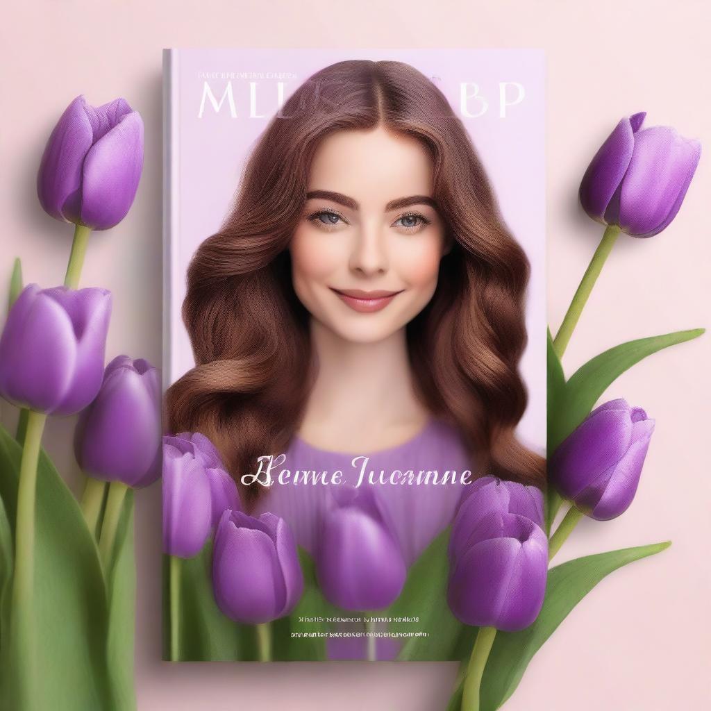 Create a book cover featuring purple tulips and a young woman with long, wavy, brown hair parted in the middle