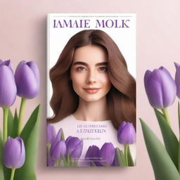 Create a book cover featuring purple tulips and a young woman with long, wavy, brown hair parted in the middle