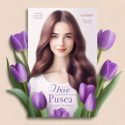 Create a book cover featuring purple tulips and a young woman with long, wavy, brown hair parted in the middle