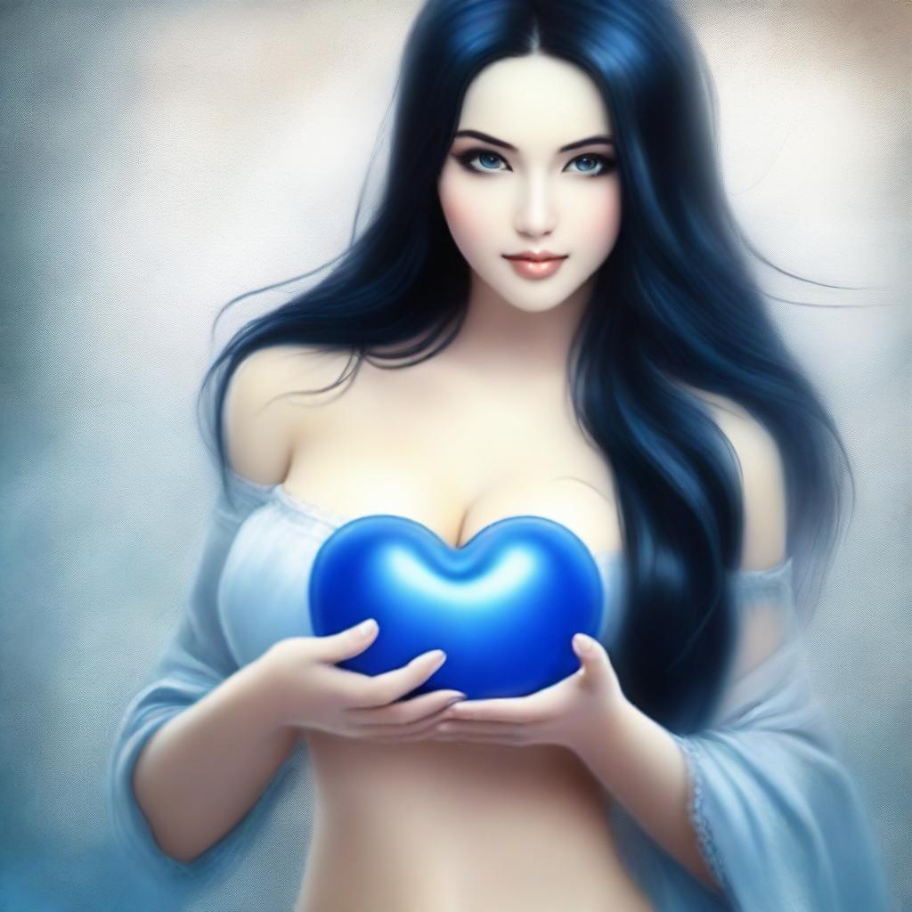 A woman with large breasts, long black hair, and a blue heart in her hand