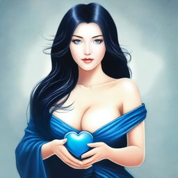 A woman with large breasts, long black hair, and a blue heart in her hand