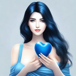 A woman with large breasts, long black hair, and a blue heart in her hand