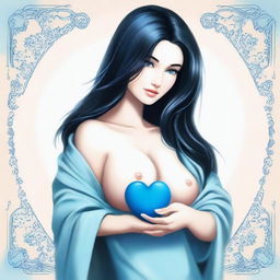 A woman with large breasts, long black hair, and a blue heart in her hand