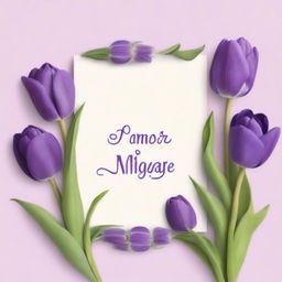 Create a book cover featuring the title 'O Amor é um Milagre' with purple tulips placed only along the borders of the cover, creating a frame