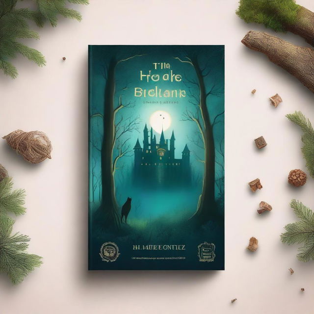 A captivating book cover featuring an enchanted forest with mystical creatures and a hidden castle in the background